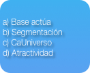 a) Base actúa
b) Segmentación
c) CaUniverso
d) Atractividad